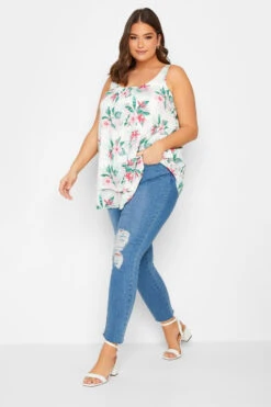 YOURS Curve White Tropical Print Crinkle Crochet Back Vest Top