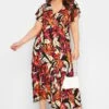 YOURS Curve Black & Orange Leaf Print Frill Sleeve Wrap Maxi Dress