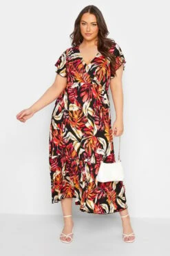 YOURS Curve Black & Orange Leaf Print Frill Sleeve Wrap Maxi Dress