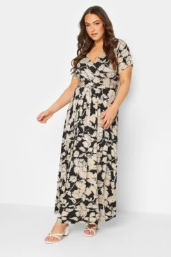 YOURS Curve Black & Beige Brown Floral Wrap Front Tie Maxi Dress