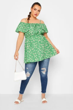 LIMITED COLLECTION Curve Green Floral Frill Cold Shoulder Top