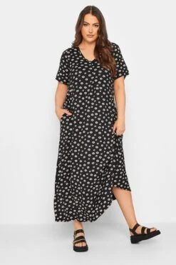 LIMITED COLLECTION Curve Black Daisy Pleat Front Maxi Dress