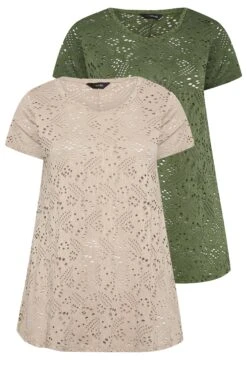 YOURS Curve 2 PACK Khaki Green Broderie Swing Tops -Luna Looks Zone dbdf133b 01ab 4c 321028 XS