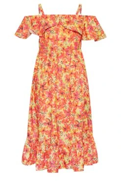 LIMITED COLLECTION Curve Orange Floral Frill Cold Shoulder Midi Dress -Luna Looks Zone dc7ff18a 5944 45 215544 X