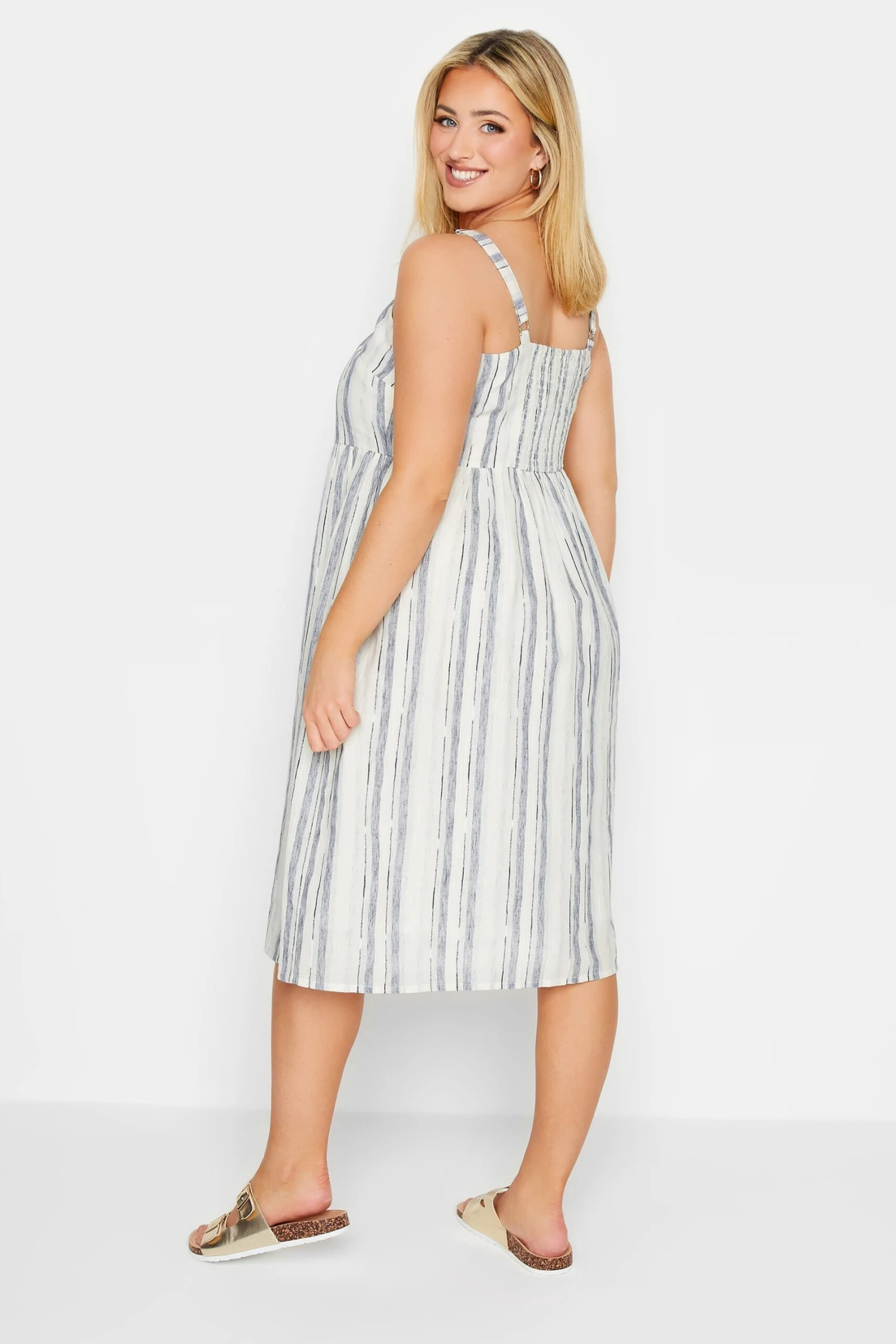 YOURS Curve White Stripe Button Lined Strappy Sundress 2 YOURS Curve White Stripe Button Lined Strappy Sundress - Image 2