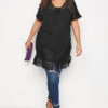 YOURS Curve Black Chiffon Short Sleeve Fringe Hem Top
