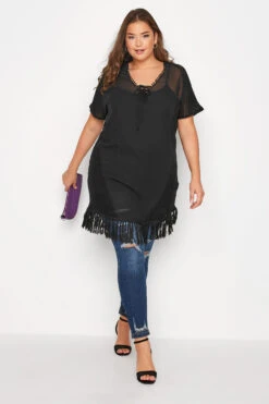 YOURS Curve Black Chiffon Short Sleeve Fringe Hem Top