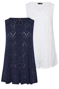 YOURS Curve 2 PACK Navy Blue Broderie Swing Vest Top -Luna Looks Zone dcfd470c 2bee 46 320742 XS