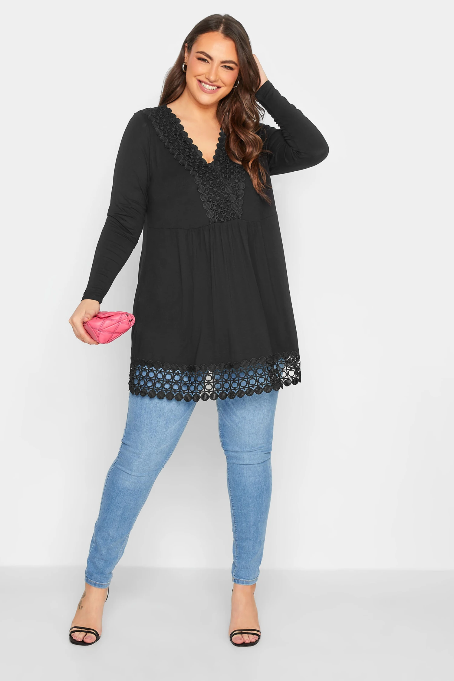 YOURS Curve Black Crochet Trim Long Sleeve Tunic Top 1 YOURS Curve Black Crochet Trim Long Sleeve Tunic Top