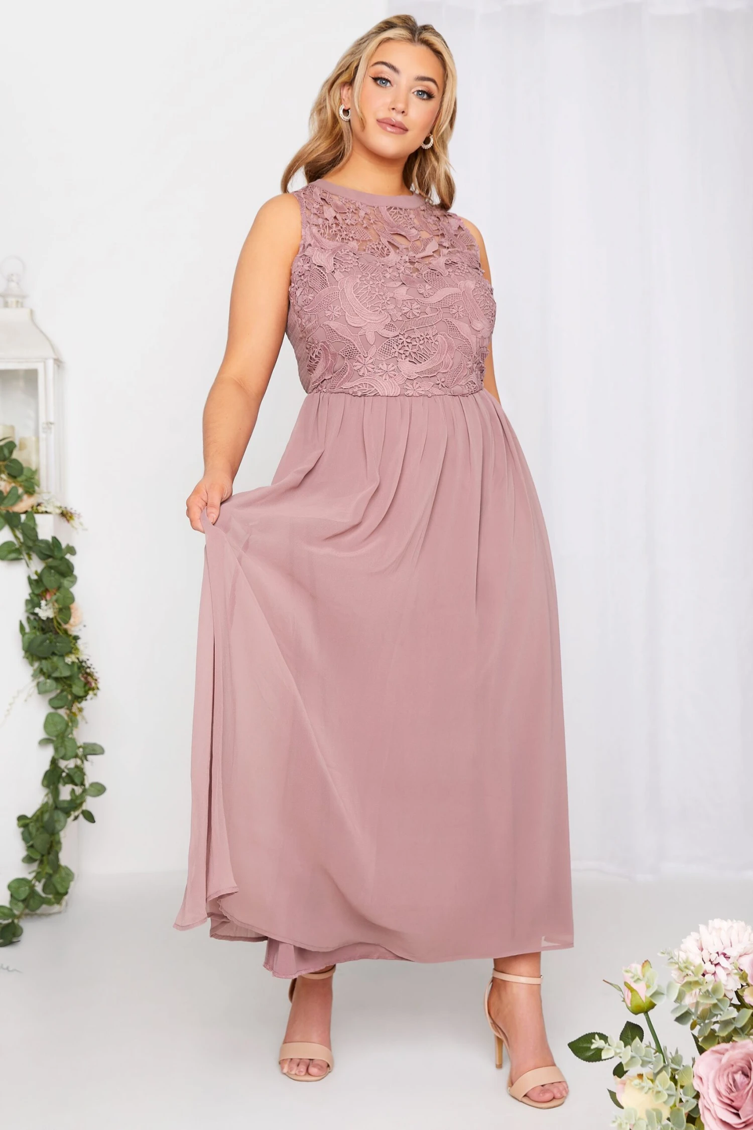 YOURS LONDON Curve Pink Lace Front Chiffon Maxi Dress 1 YOURS LONDON Curve Pink Lace Front Chiffon Maxi Dress