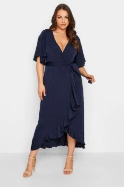 YOURS LONDON Curve Navy Blue Short Sleeve Ruffle Wrap Maxi Dress