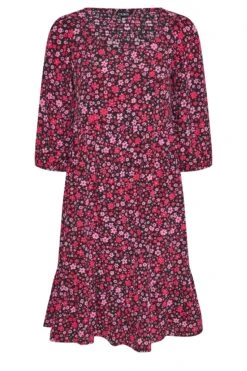 YOURS Curve Black & Pink Floral Smock Midi Dress -Luna Looks Zone e14ef430 86e8 48 137212 X
