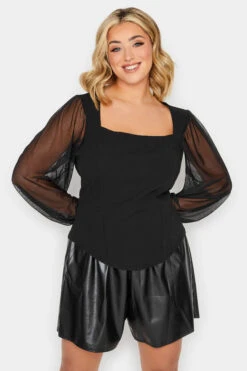YOURS PETITE Curve Black Mesh Sleeve Corset Top