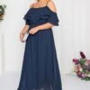 YOURS LONDON Curve Navy Blue Bardot Ruffle Maxi Dress