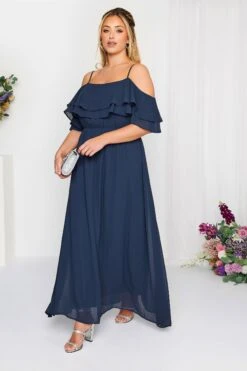 YOURS LONDON Curve Navy Blue Bardot Ruffle Maxi Dress