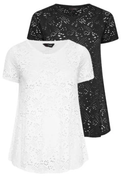 YOURS Curve 2 PACK White & Black Broderie Anglaise Swing V-Neck T-Shirt -Luna Looks Zone e5ec9a91 688b 4a 320737 XS