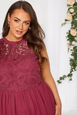 YOURS LONDON Curve Burgundy Red Lace Front Chiffon Maxi Dress -Luna Looks Zone e6d1ada5 aa14 4b 161504 D