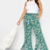 YOURS Curve Green Floral Print Frill Wide Leg Trousers