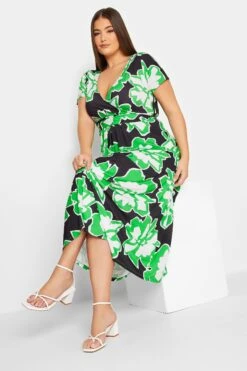 YOURS Curve Black Floral Print Wrap Front Midaxi Dress
