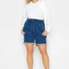 YOURS Curve Mid Blue Paperbag Drawstring Denim Mom Shorts