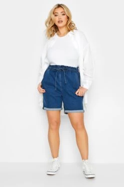 YOURS Curve Mid Blue Paperbag Drawstring Denim Mom Shorts