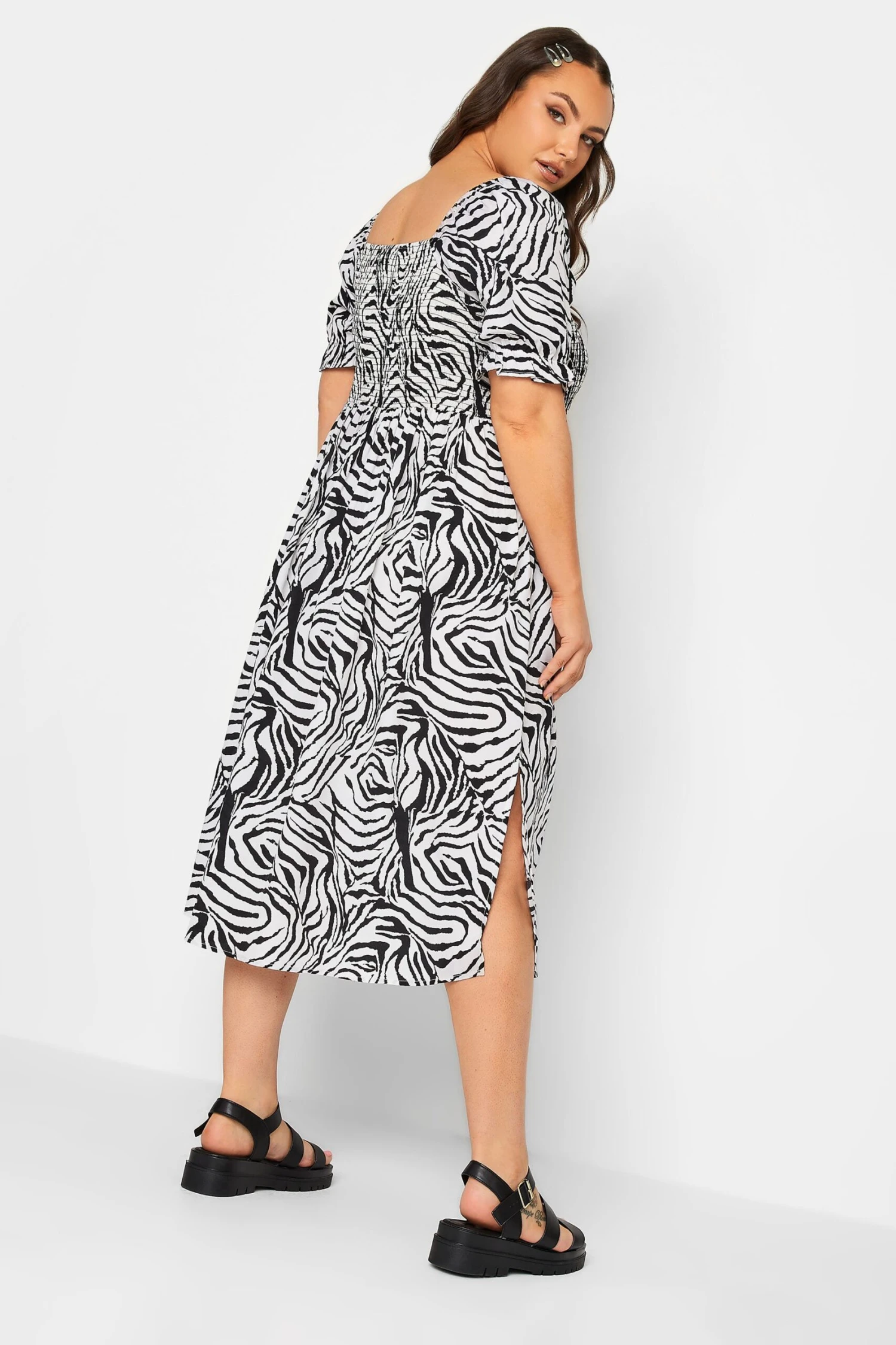 YOURS Curve Black & White Zebra Print Shirred Midaxi Dress 2 YOURS Curve Black & White Zebra Print Shirred Midaxi Dress - Image 2