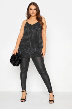 LUXE Curve Black Sequin Hand Embellished Cami Top