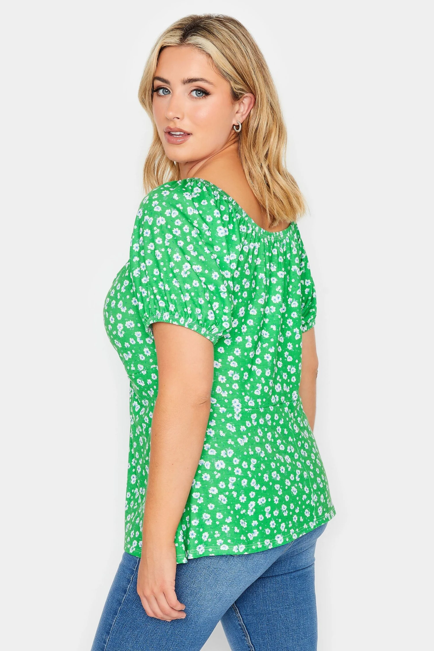 YOURS PETITE Curve Green Ditsy Print Ruched Front Top 2 YOURS PETITE Curve Green Ditsy Print Ruched Front Top - Image 2