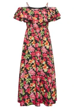 YOURS LONDON Curve Black Floral Bardot Ruffle Maxi Dress -Luna Looks Zone f090fa22 07ff 49 161956 X