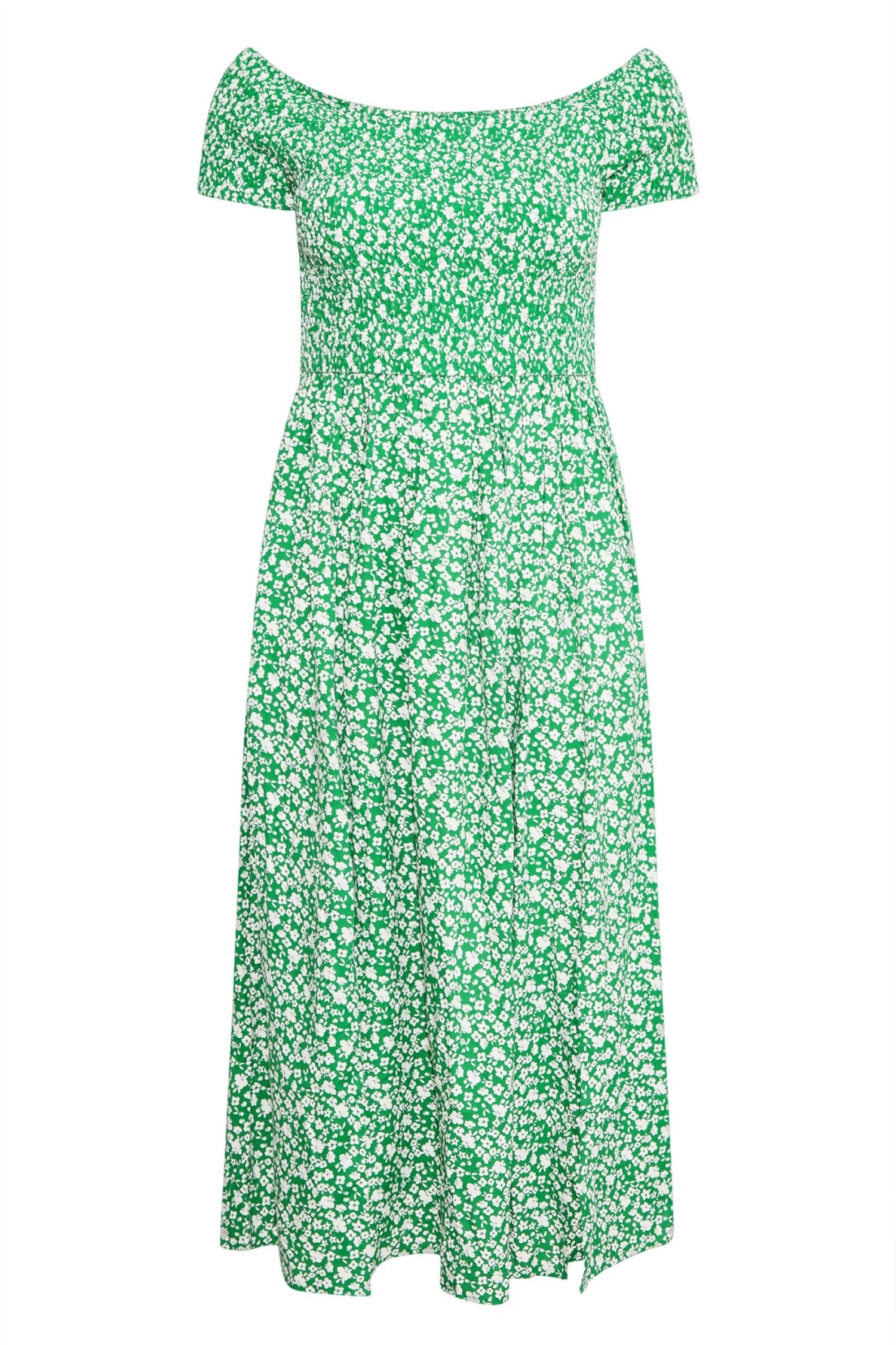 YOURS Curve Green Floral Shirred Bardot Maxi Dress 5 YOURS Curve Green Floral Shirred Bardot Maxi Dress - Image 5