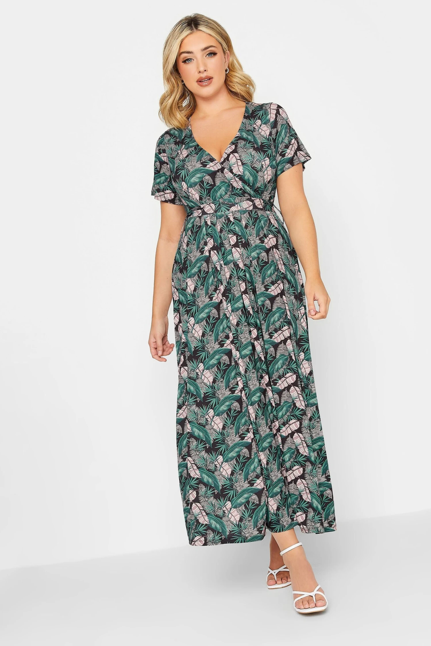 YOURS Curve Black Leaf Print Maxi Wrap Dress 1 YOURS Curve Black Leaf Print Maxi Wrap Dress
