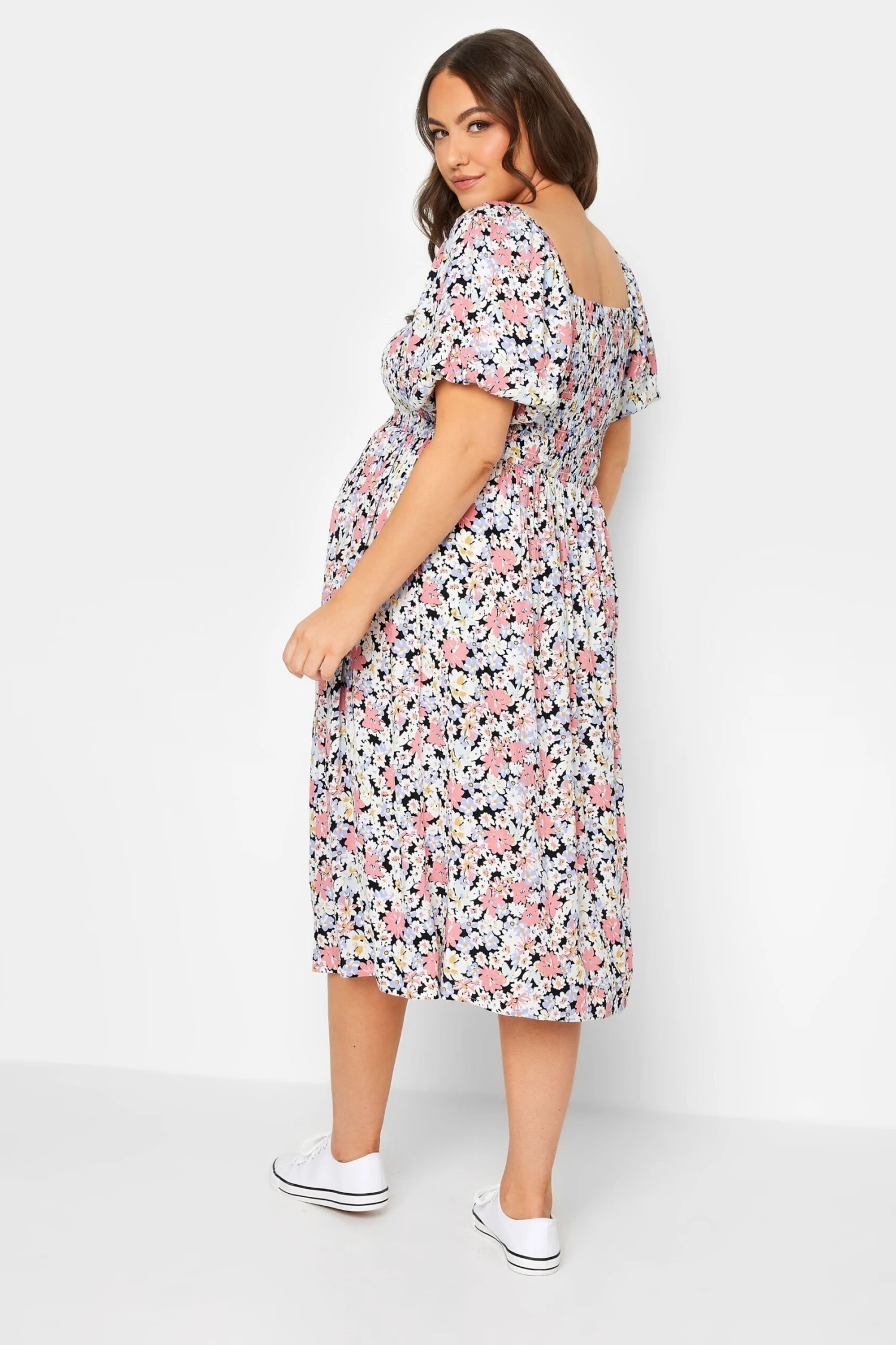 BUMP IT UP MATERNITY Curve Pink Floral Shirred Dress 1 BUMP IT UP MATERNITY Curve Pink Floral Shirred Dress