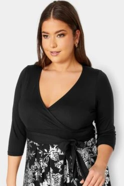 YOURS LUXURY Curve Black & Silver Foil Floral Print Wrap Dress -Luna Looks Zone f54d784e 9dc7 4d 301808 D