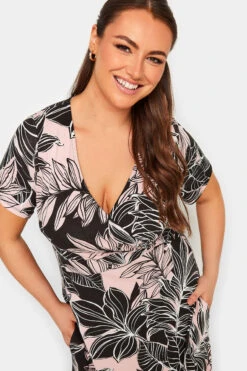 YOURS Curve Black & Pink Leaf Print V-Neck Midaxi Dress -Luna Looks Zone f6e1257e 63bd 43 302226 D