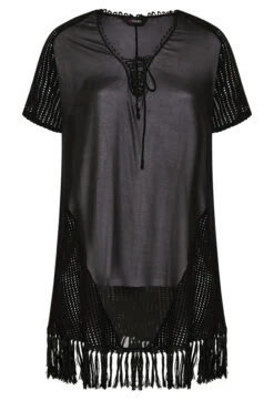 YOURS Curve Black Chiffon Short Sleeve Fringe Hem Top -Luna Looks Zone f6e8ab6d 78d2 43 301031 X