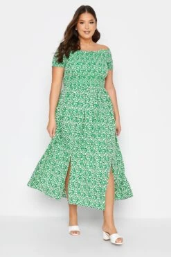 YOURS Curve Green Floral Shirred Bardot Maxi Dress
