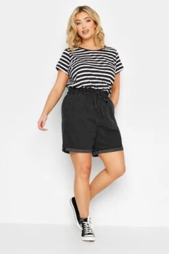 YOURS Curve Black Paperbag Drawstring Denim Mom Shorts