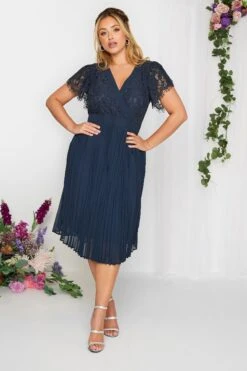 YOURS LONDON Curve Navy Blue Lace Wrap Pleated Midi Dress