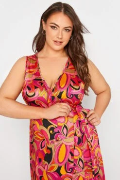YOURS LONDON Curve Hot Pink Abstract Print Satin Wrap Dress -Luna Looks Zone f937ae4e 56f2 45 161575 D