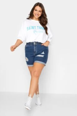 YOURS Curve Light Dark Blue Ripped Elasticated Waist Denim Shorts