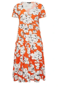 YOURS Curve Orange Floral V-Neck Tiered Wrap Dress -Luna Looks Zone facc8f00 e248 43 301895 X