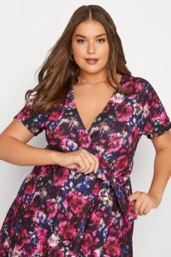 YOURS LONDON Curve Pink & Blue Floral Wrap Skater Dress -Luna Looks Zone fad0d0c9 f9d7 40 161791 D