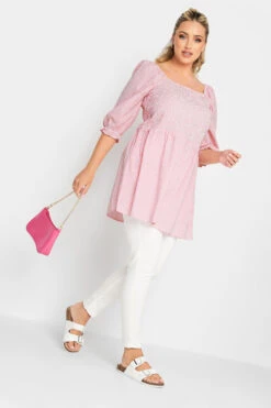 YOURS Curve Pink Gingham Print Square Neck Shirred Top