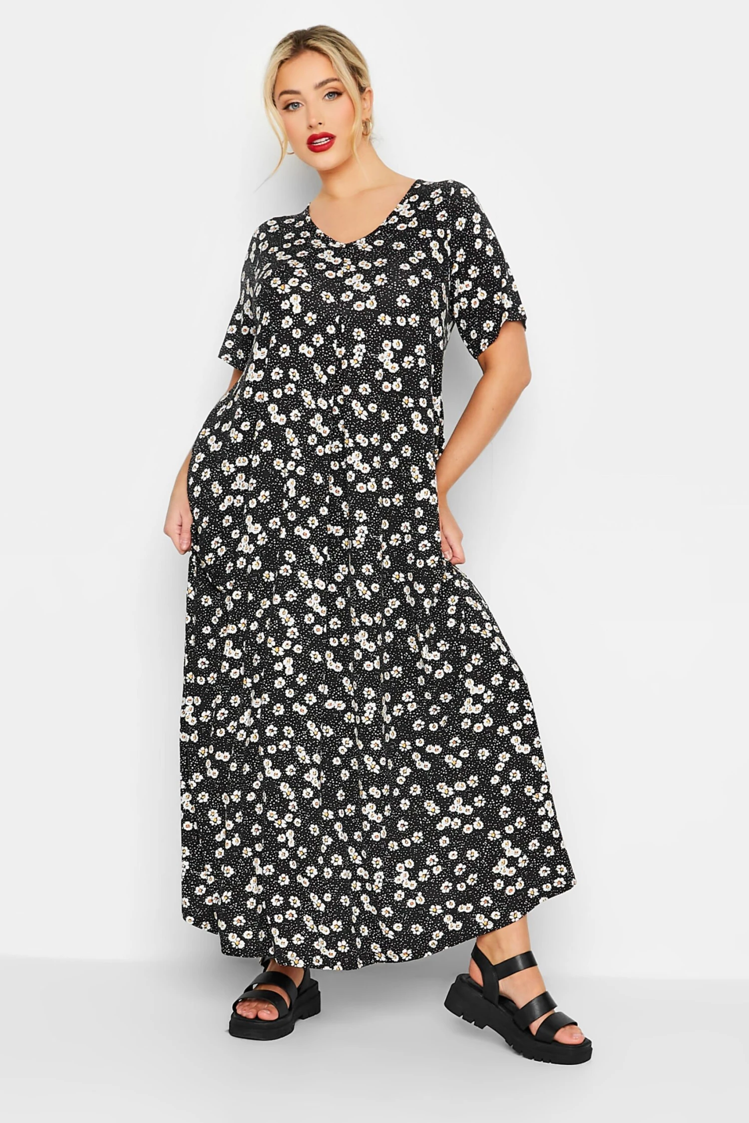 YOURS Curve Black Pleat Front Daisy Maxi Dress 1 YOURS Curve Black Pleat Front Daisy Maxi Dress