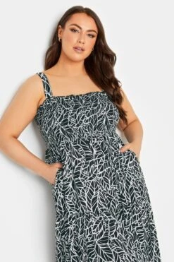 YOURS Curve Black Leaf Print Shirred Maxi Dress -Luna Looks Zone fe323d55 d453 47 137426 D