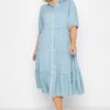 YOURS Curve Blue Acid Wash Tiered Chambray Denim Shirt Dress