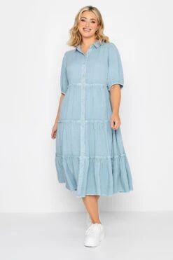 YOURS Curve Blue Acid Wash Tiered Chambray Denim Shirt Dress