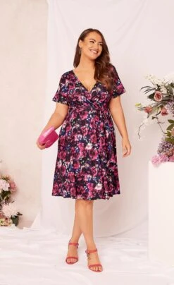 YOURS LONDON Curve Pink & Blue Floral Wrap Skater Dress -Luna Looks Zone ff953a55 b184 42 161791 L1