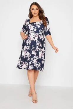 YOURS LONDON Curve Navy Blue Floral Print Square Neck Dress